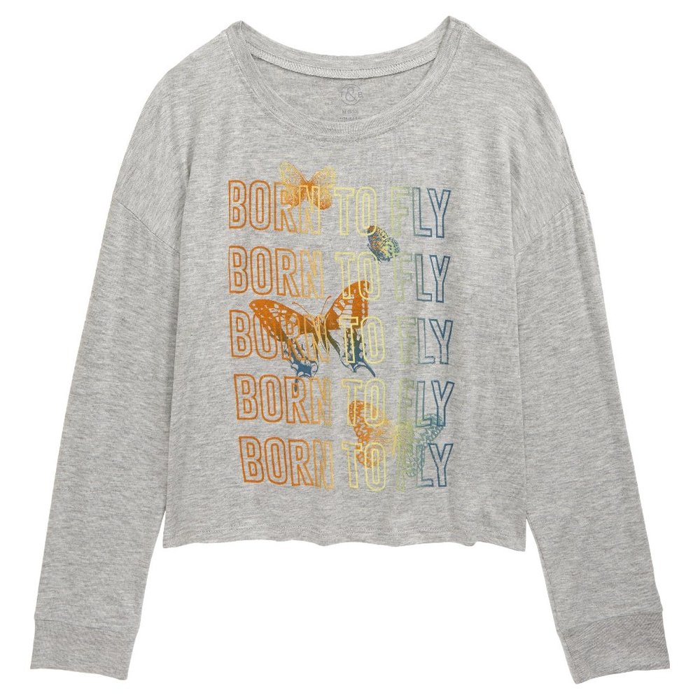 Girl's Treasure & Bond Kids' Boxy Crop Graphic Tee, Size L - Gray‎ Born to Fly